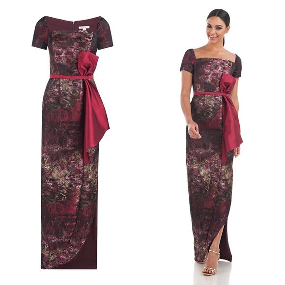 Kay Unger Layne Jacquard Column Formal Dress Lined Bow Side Slit Size 2 NWT - Picture 2 of 13